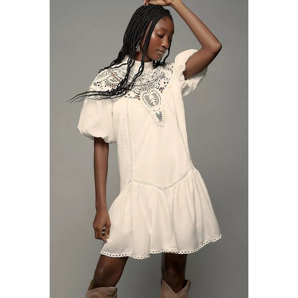 By Anthropologie High Neck Lace Mini Dress Floral White High Neck XL NWD 280316 - Picture 1 of 10